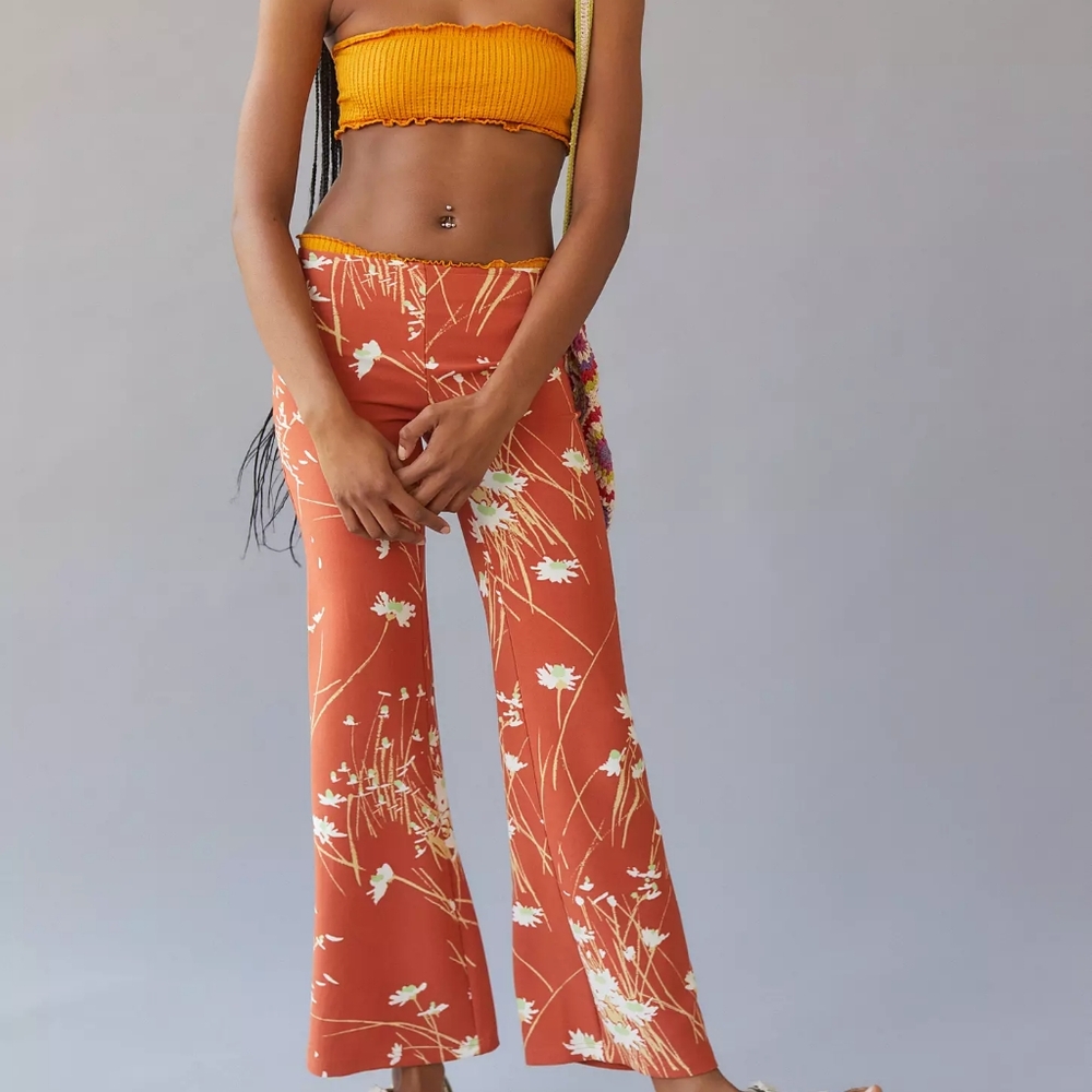 Urban Outfitters Y2K Style Low Rise Orange White Floral Flare Pants L - Picture 8 of 9